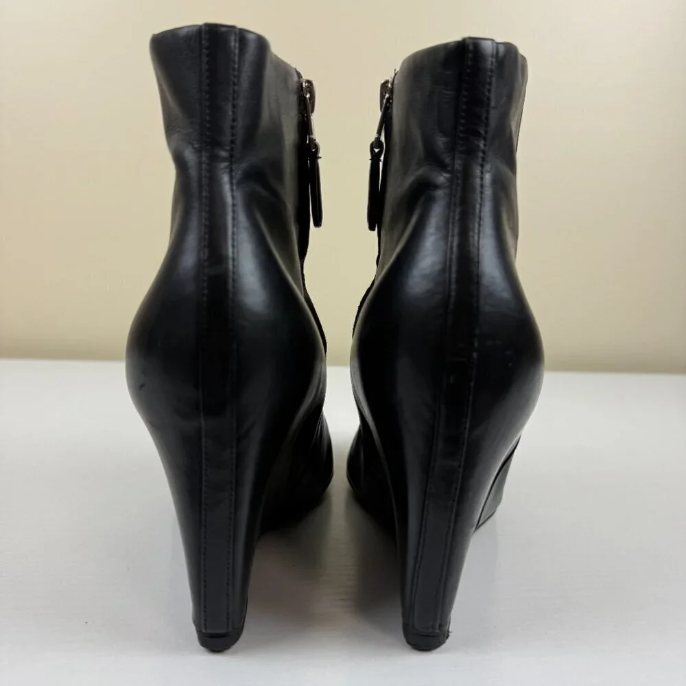 Brian Atwood Designer Black Belleria Pointed Toe Wedge Ankle Boots